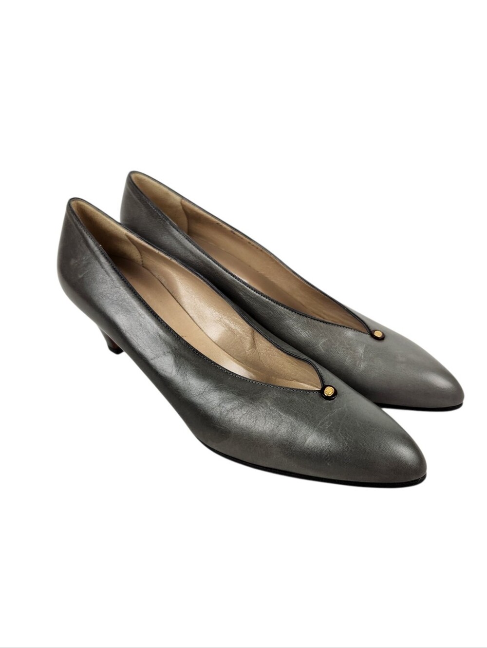 Gucci Vintage Luxury Gray Leather Kitten Heels Womens Size 8 Narrow Size 38AA